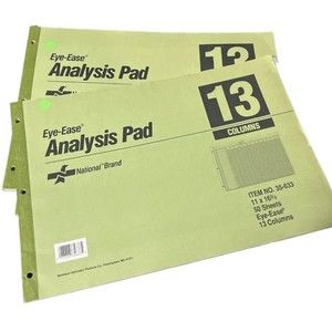 Lot of 2. Vintage Office Analysis Pad Paper 13 Columns 50 Sheets 11x16 3/8 Green